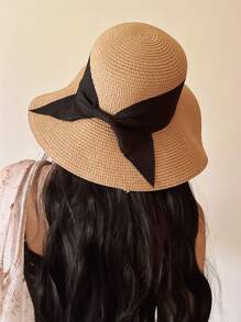1pc Women Fashionable Khaki Color Dome Shaped Bow Decoration Bohemian Versatile Outdoor Sunscreen Beach Hat Suitable For Summer Beach Vacation Wear - Khaki - View 2