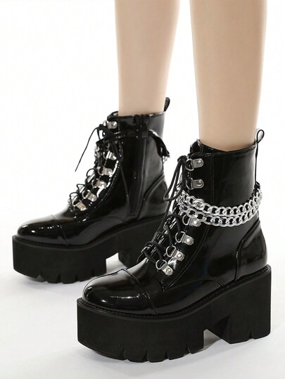 Gdgydh Botas curtas plataforma de salto alto punk chain, botas de tornozelo de motocicleta com cadarço à prova d'água para mulheres, brilhantes