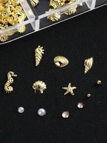 12 Grid 3D Ocean Theme Nail Decoration Pendant Alloy Shell Abalone Seahorse Starfish Conch Pearl Mini Caviar Beads Rhinestone 3D Ocean Series Metal Pendant Suitable For Nail Art Jewelry Making Technology DIY Nail Charms Nail Gems Nail Supplies