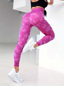 Women High Waisted Camo Printed Casual Sports Leggings - Hot Pink - View 2