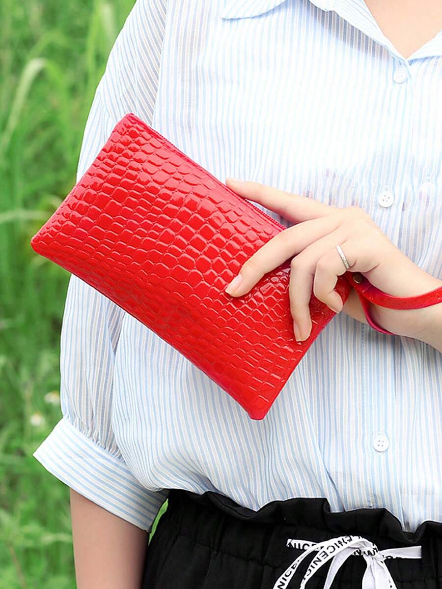 1 chiếc ví nữ có khóa kéo, túi đựng ví nữ, ví cầm tay có dây đeo cổ tay, ví da PU thời trang, ví đựng tiền xu cho nữ, ví đựng thẻ - Đỏ - Xem 1