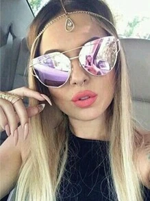 Mirror Fashion Glasses For Women Rave Festival Cat Eye Mirrored Aviator Eyewear Gold Silver Black Metal Frame Purple Reflective Lenses Beach Accessories For Women Glasses Shades - Multicolor - View 12