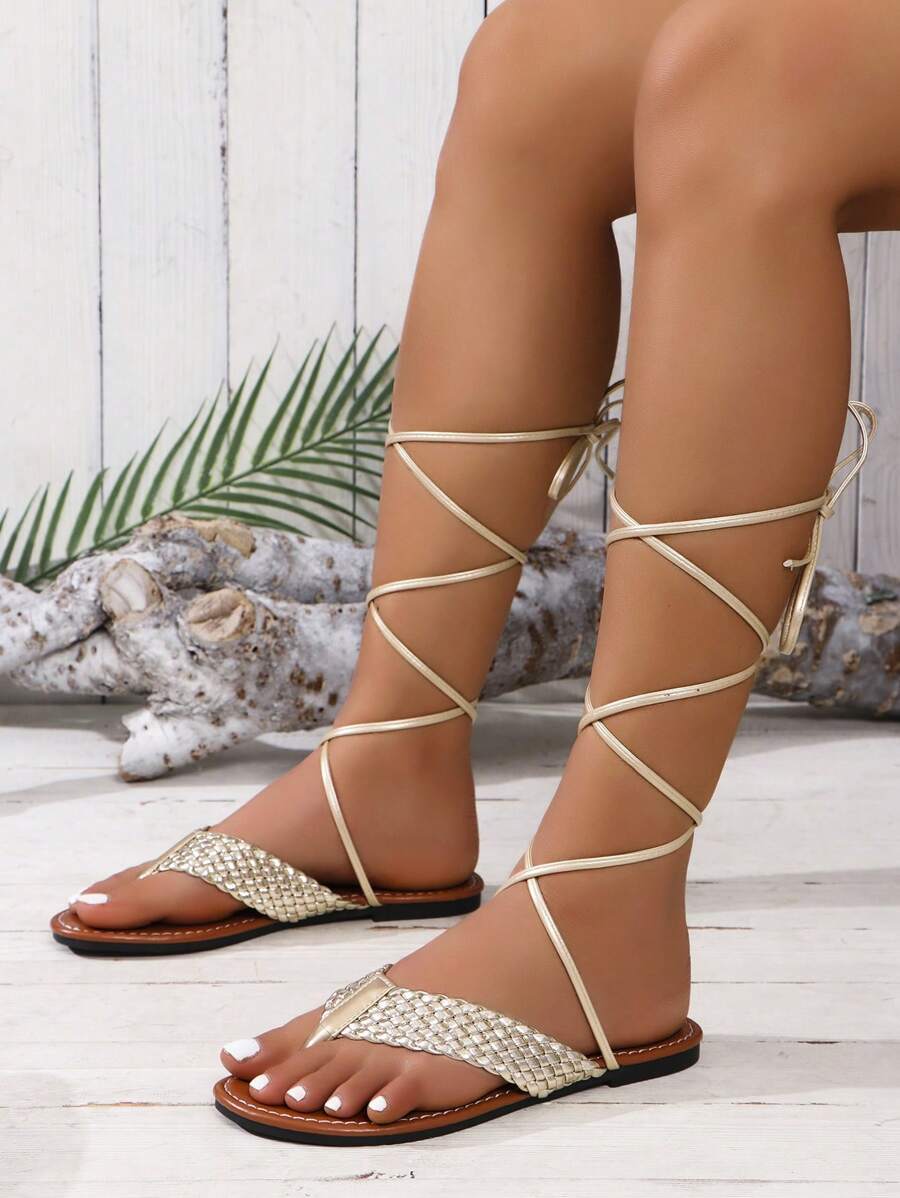 Sandalias de verano doradas para mujer, chanclas de estilo sencillo con correas - Dorado - Ver 1