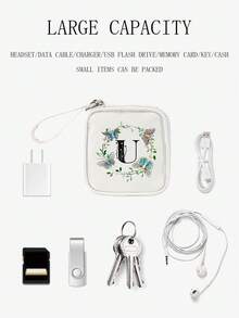 1 件字母印花便携式迷你收纳袋，手持式多功能数码整理袋，可容纳电缆、耳机、口红、卫生巾、移动电源和 USB 旅行学校大学电子包充电器手提箱电缆整理盒行李旅行包电缆包电子数据线床头收纳袋，适用于旅行 Airpods 相机收集女性男性儿童圣诞礼物必备教师用品防水轻便大容量便携式配件 - 白色 - 查看 9