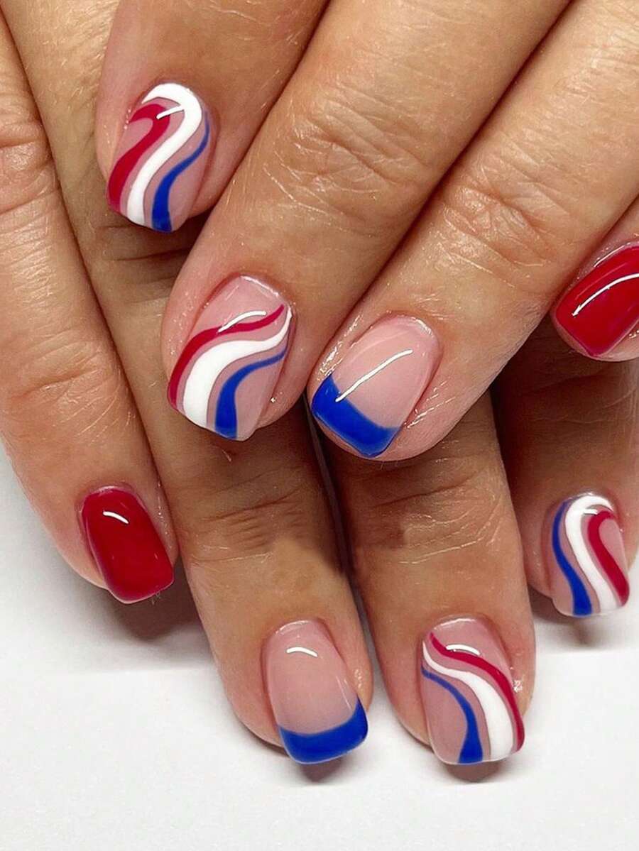Instantly Upgrade Your Look With 24pcs Medium Square Elegant Blue French Style Fake Nails American Flag Color Matching Fake Nails Full Cover Fake Nail For Women And Girls 1 Piece Of Jelly Gel+1 File Strip Jelly Gel Random Shipment - Multicolor - View 1