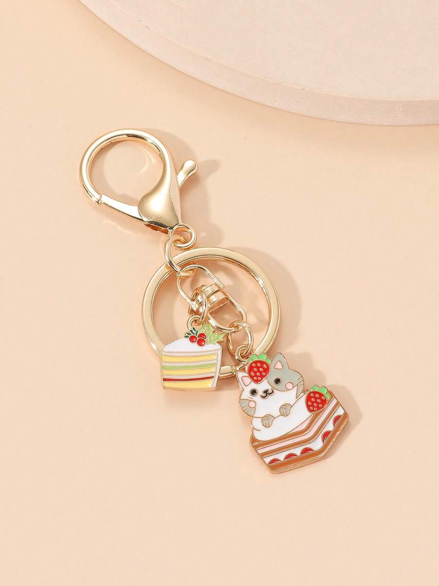1入組可愛卡通蛋糕貓造型鋅合金鑰匙扣附滴油裝飾，小巧精緻的手袋裝飾禮物，適合女性 - 彩色 - 查看 1