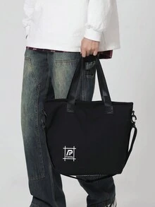 1 件大容量防水尼龙手提包/斜挎包，男女皆宜。简约设计，宽肩带，适合日常通勤。时尚，适合休闲场合。手提旅行露营健身房工作周末暑假假期随身携带实用黑色礼物个性化礼物男朋友爸爸丈夫 - 黑色 - 查看 4