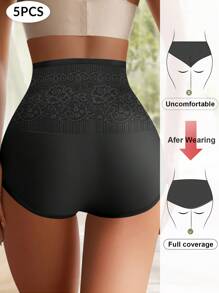 MEIYATING 5pcs Plus Size Women's Cotton Panties, Floral Lace High Waist Tummy Control Butt Lifting Comfortable - Black - View 4