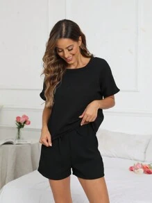 Waffle Short Sleeve Women Sleepwear Set - Black - View 3