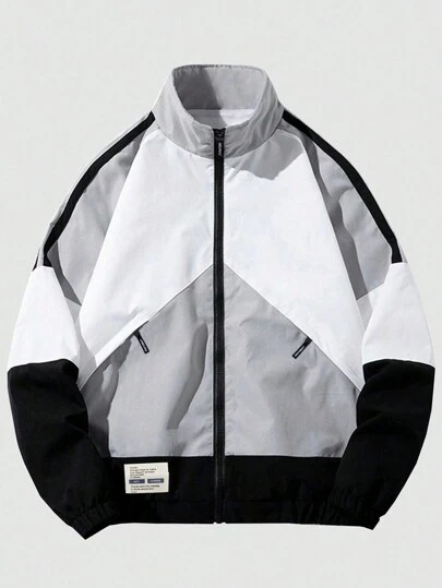 Boyfriend Style Men Stand Collar Color Block Sports Long Sleeve Jacket
