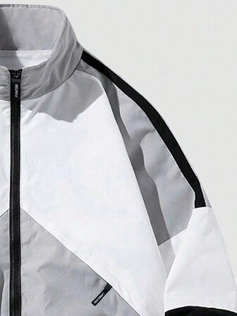 Boyfriend Style Men Stand Collar Color Block Sports Long Sleeve Jacket