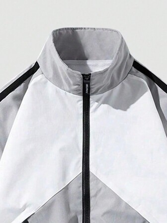 Boyfriend Style Men Stand Collar Color Block Sports Long Sleeve Jacket