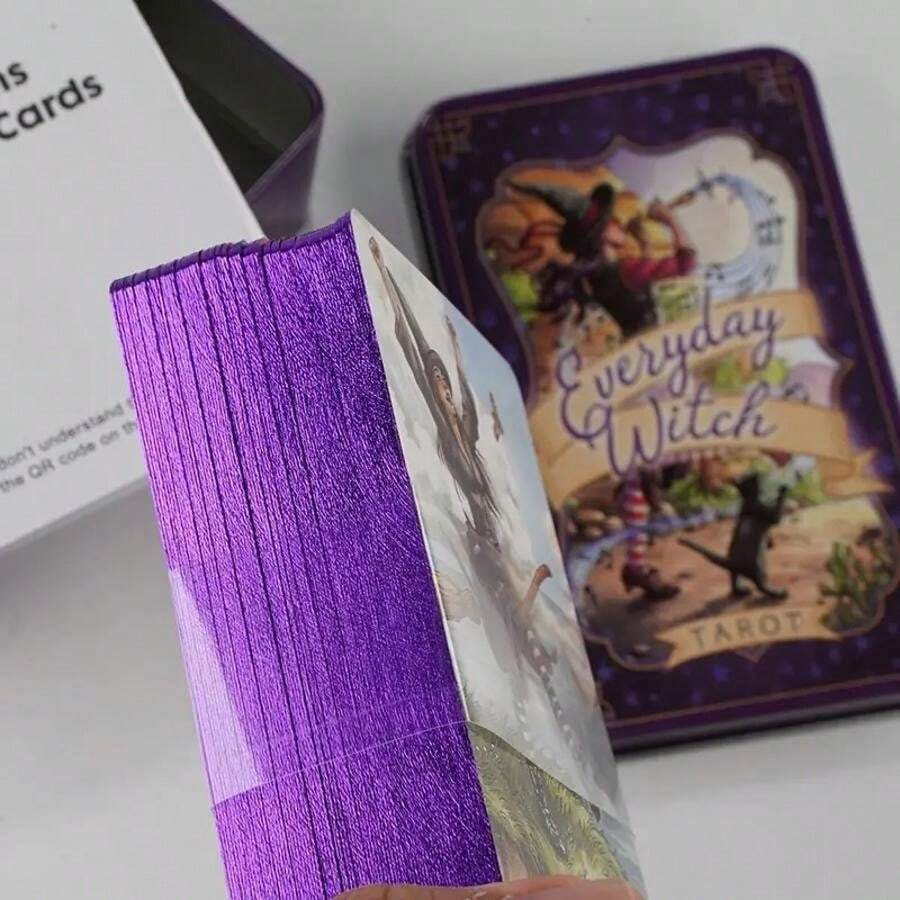 78pcs Tarot Cards Set, Witchy Daily Tarot Deck, Entertaining Divination Card Game, Iron Box Packaging, Gold-Edged Guidebook, Party Game, Family Gathering Entertainment - Purple - View 1