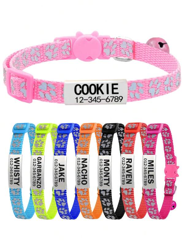 Customized Reflective Personalized Cat Collar, Equipped With Detachable Safety Buckle, Bell And Paw Print Pattern, Suitable For Small And Medium-Sized Male And Female Cats Ornamental Stylish,Fashion,Colorful,Vintage,Cute,Contracted,Cuties Custom,Unique,Customized,Personalized Pet For Anniversaries,For Birthdays