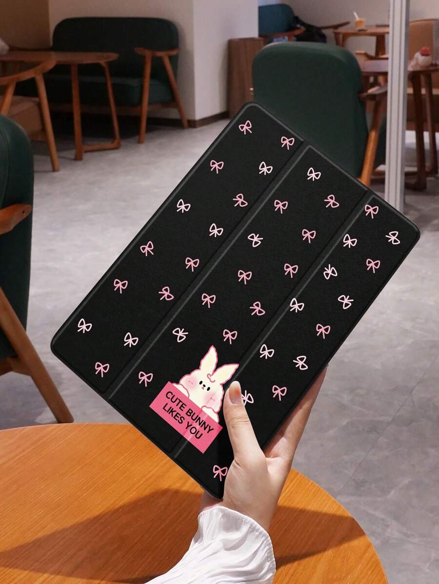 1入組兔子蝴蝶結印花平板保護套，附鉛筆套，防摔，睡眠/喚醒功能，適用於三星，華為，小米和iPad - 彩色 - 查看 1