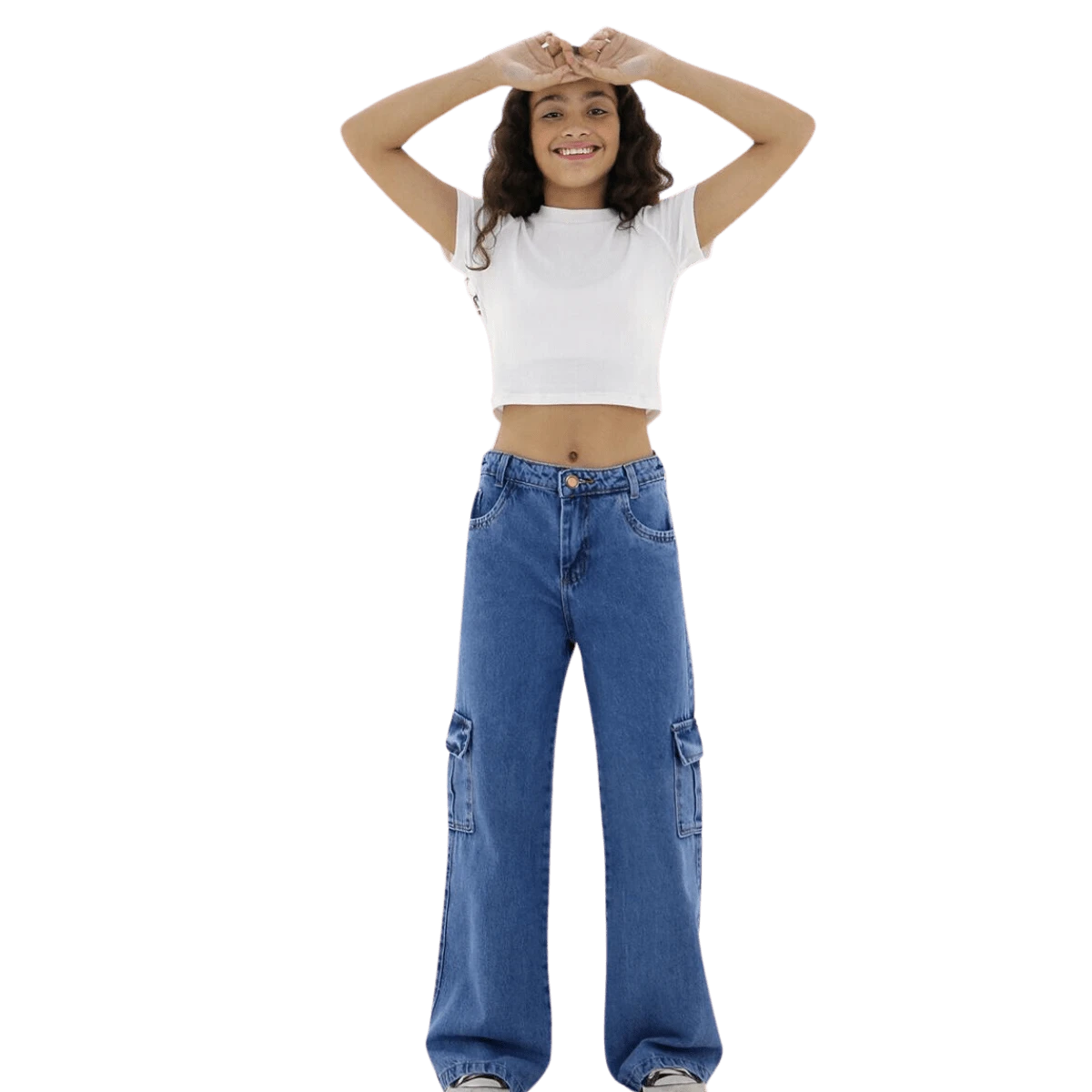Calça Jeans Bolso Cargo Wide Leg Infantil Menina Pantalona - Lavagem escura - Visão 1