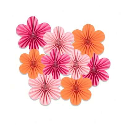 9pcs Rose Red + Pink + Orange Heart-Shaped Paper Flowers Decor, Wall Paper Fans, Classroom Decor, Paper Flower Background, Hanging Paper Fans, Wall Decor, Christmas