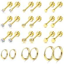 11 Pairs 14K Gold Plated Flat Back Earrings Small Stud Hoop Earring Sets For Multiple Piercing,Lightweight Dot Ball Cubic Zirconia Tiny Hypoallergenic Flatback Cartilage Earrings Set