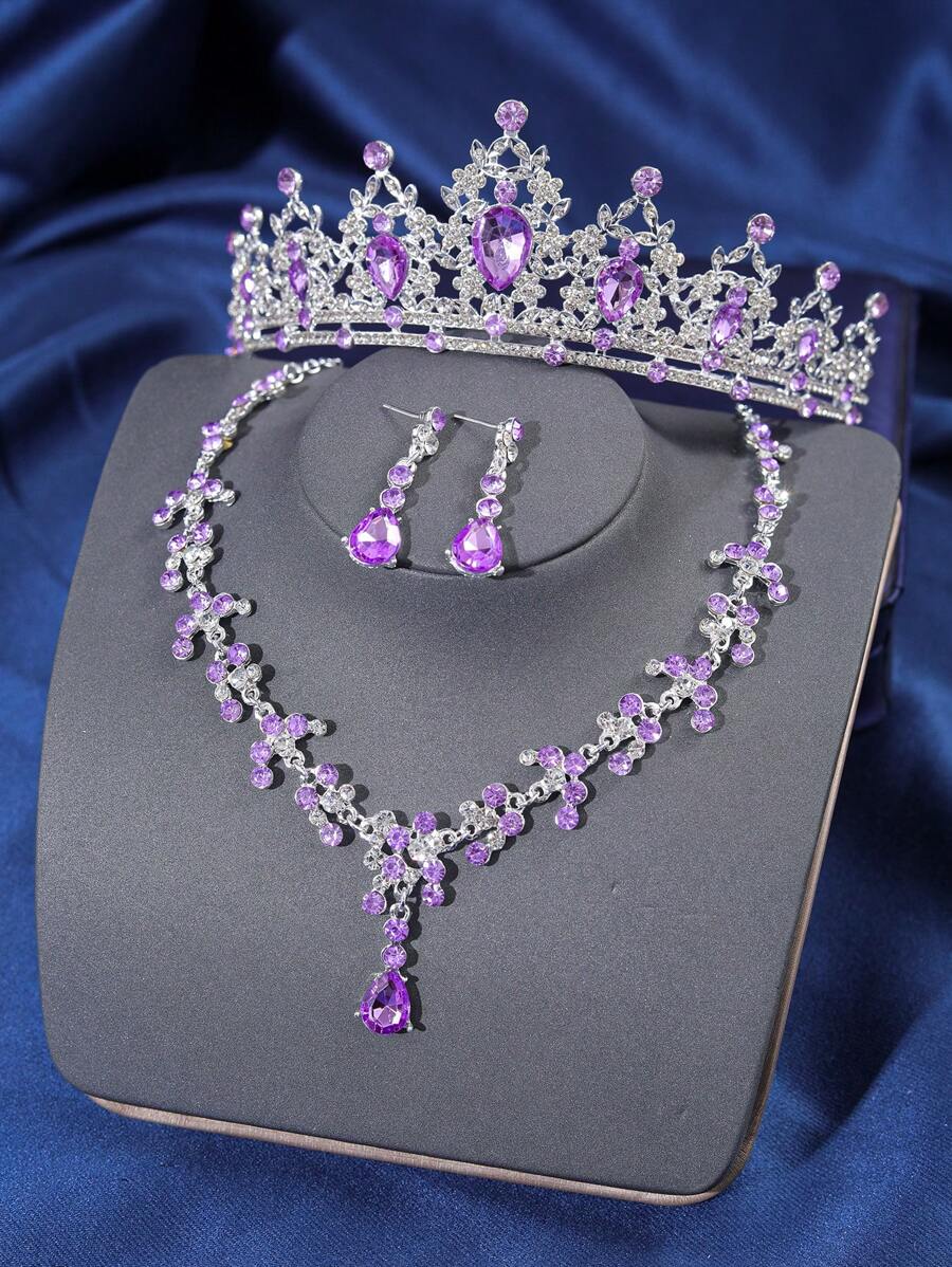 Set Of 4 Elegant Rhinestone And Rhinestone Queen Crown Necklaces - Bridal Wedding Headpiece For Events, Parties, Baroque Jewelry Valentine's Day Accessories - 淡紫色 - 查看 1