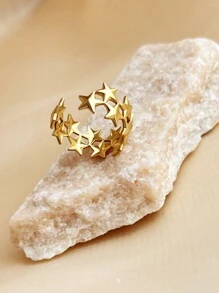1pc Fashionable Women Ring, Stainless Steel Jewelry, 18K Gold Plated, Yellow Color, Ideal For Party, Creative Star Design, Adjustable Size, Suitable For Mother's Day, Teacher's Day, Valentine's Day, Elegant And Charming Jewelry Valentines