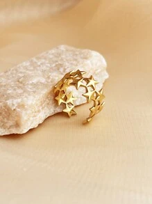 1pc Fashionable Women Ring, Stainless Steel Jewelry, 18K Gold Plated, Yellow Color, Ideal For Party, Creative Star Design, Adjustable Size, Suitable For Mother's Day, Teacher's Day, Valentine's Day, Elegant And Charming Jewelry Valentines