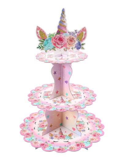 1/2Sets Paper Floral Unicorn Cake Stand 3 Tiers Cupcake Holder,Happy Birthday Party Decorations Wedding Accessories Unicorn Theme ,Holiday Cake Decor