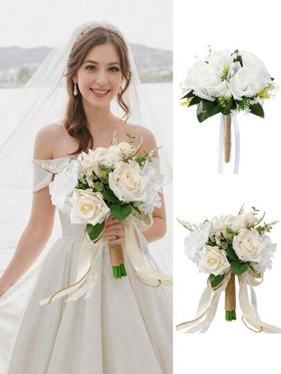1 pezzo Bouquet da sposa per la sposa, nastro di corda bianco con fiocco e foglie verdi, bouquet di rose realistiche con inserti di corda stile rurale per damigella d"onore, adatto per fotografia di nozze con design elegante e romantico.