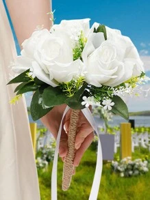 1pc Bride Wedding Bouquet, White Rope Ribbon With Bowknot And Green Leaves, Realistic Rose Rope Bouquet, Rural Style Wedding Bouquet With White Roses For Bridesmaid, Suitable For Wedding Photography With Elegant And Romantic Design.