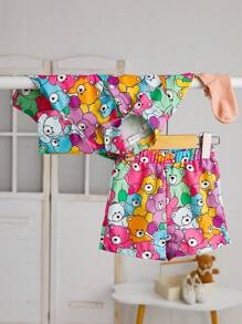 Baby Girls' Cute Cartoon Bear Printed Shirt + Cartoon Bear Floral Shorts Set, Suitable For Learning To Walk, Summer