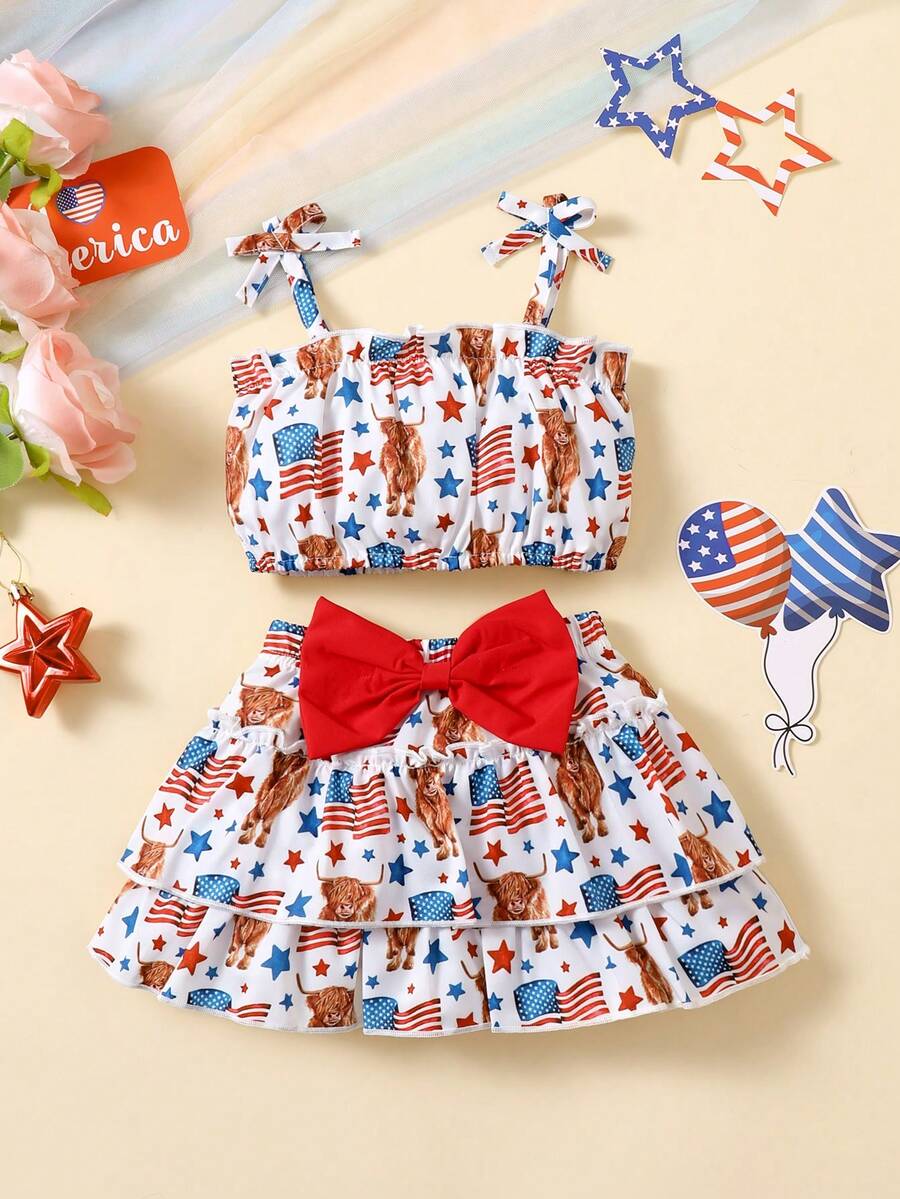 新生兒女寶寶日印花無袖上衣和分層裙套裝 - 白色 - 查看 1