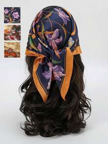 1pc Ladies Floral Printed Bandana Square Scarf Silk Neck Head Wrap Bag Decorative Scarf Suitable For Daily Use - Multicolor - View 9