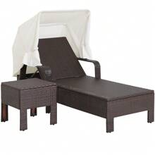 Outdoor Chaise Lounge Chair And Table Set With Folding Canopy And Armrests, Patio Rattan Reclining Chair With 6-Level Adjustable Backrest, Cushioned Outdoor Recliner For Poolside, Backyard - Brown - View 3