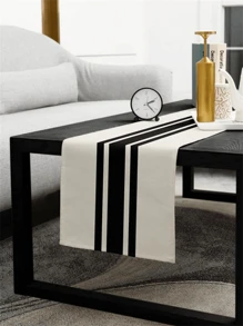 1pc New Arrival Modern Simple Geometric Linen Striped Table Runner, Black And White Plaid Tablecloth For Home Decor - Black and White - View 1
