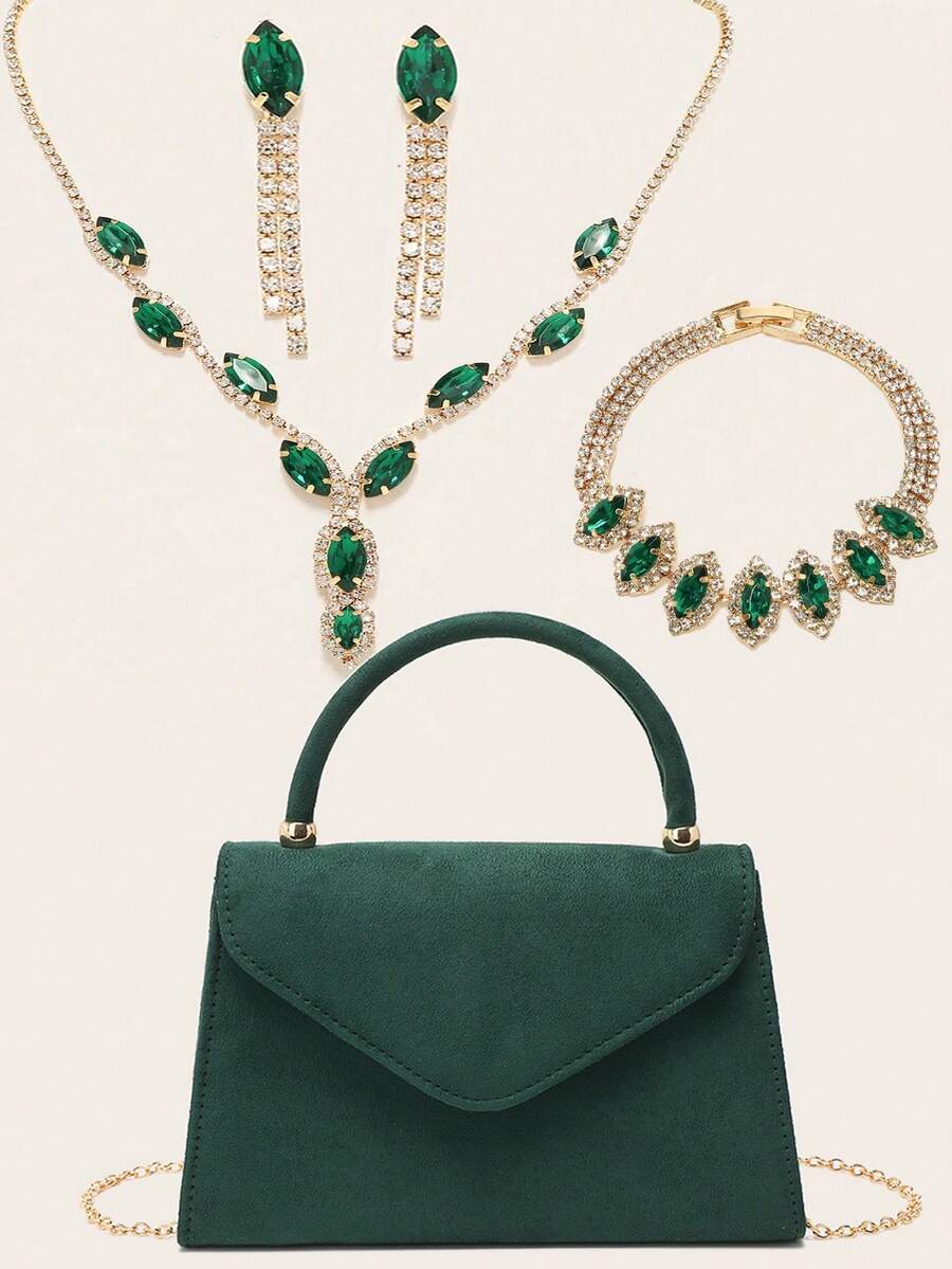TÚI LETODE 4 miếng Túi ly hợp buổi tối bằng kim cương giả cho nữ Kẹp tai bằng kim cương giả cho đám cưới cô dâu Vòng đeo tay Dangle Bling Long lanh Ví cầm tay Ví cầm tay phong bì nhung màu xanh lá cây Túi buổi tối cho phụ nữ Túi xách dạ hội có dây chuyền có thể tháo rời cho đám cưới và bữa tiệc Túi đeo vai cho phụ nữ Ví cầm tay dành cho phụ nữ Túi xách dự tiệc Túi cưới - màu xanh lá - Xem 1