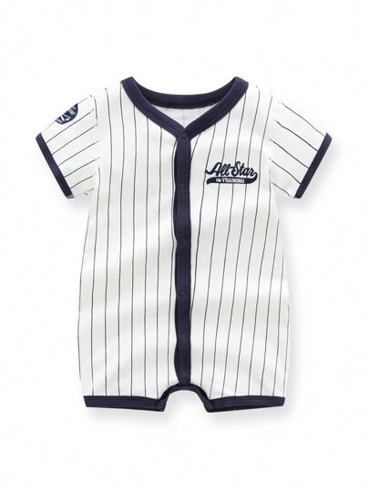 嬰兒條紋棒球連身褲短袖，輕便涼爽，夏季透氣。 3-6M和6-9M尺寸具有8個鈕扣，其他尺寸具有9個鈕扣。