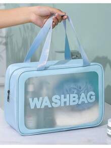 Necessaire Transparente À Prova D 'água Para Cosméticos Viagem Wash Grande - Azul bebê - Visão 3