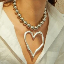 1pc Bohemian Style Beaded Faux Pearl Heart Pendant Necklace - Fashionable Vintage Big Heart Women Statement Necklace For Party & Holiday Valentines,Mom,Mother,Mother's Day,Gift