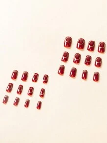 24 miếng dán móng tay nhuộm màu đỏ tía hình vuông ngắn thích hợp cho ngày đầu năm mới, ngày lễ, kèm 1 dũa móng tay và 1 ống gel - Nhiều màu - Xem 2