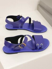 Summer New Fashionable And Comfortable Women Sandals With Exposed-Toe, Hook-And-Loop Closure, Round Toe, Flat Heel And Non-Slip Sole For Outdoor Use On Beach Or Street - Blue - View 4