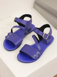 Summer New Fashionable And Comfortable Women Sandals With Exposed-Toe, Hook-And-Loop Closure, Round Toe, Flat Heel And Non-Slip Sole For Outdoor Use On Beach Or Street - Blue - View 2