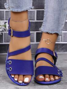 Summer New Fashionable And Comfortable Women Sandals With Exposed-Toe, Hook-And-Loop Closure, Round Toe, Flat Heel And Non-Slip Sole For Outdoor Use On Beach Or Street - Blue - View 5