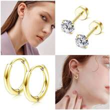 11 Pairs 14K Gold Plated Flat Back Earrings Small Stud Hoop Earring Sets For Multiple Piercing,Lightweight Dot Ball Cubic Zirconia Tiny Hypoallergenic Flatback Cartilage Earrings Set
