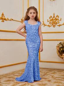 Alisa&Leo Tween Girl Sequin Mermaid Dress – Sleeveless Form-Fitting Silhouette, Mermaid Skirt Flaring At Hem With All-Over Sparkling Sequins | Ideal For Children's Dance Recitals, Holiday Celebrations & School Gala Events - Blue - View 1