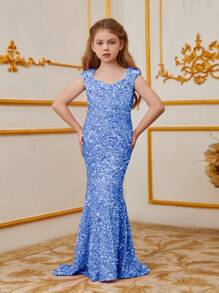 Alisa&Leo Tween Girl Sequin Mermaid Dress – Sleeveless Form-Fitting Silhouette, Mermaid Skirt Flaring At Hem With All-Over Sparkling Sequins | Ideal For Children's Dance Recitals, Holiday Celebrations & School Gala Events - Blue - View 3