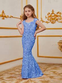Alisa&Leo Tween Girl Sequin Mermaid Dress – Sleeveless Form-Fitting Silhouette, Mermaid Skirt Flaring At Hem With All-Over Sparkling Sequins | Ideal For Children's Dance Recitals, Holiday Celebrations & School Gala Events - Blue - View 4
