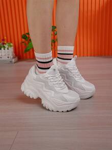 Giày Thể Thao Nữ Chunky, Giày Thể Thao Thông Thường Nhẹ Mới Mùa Hè 2024 Kích Thước Lớn Với Nền Tảng Retro Thoáng Khí - trắng - Xem 2