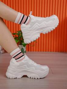 Giày Thể Thao Nữ Chunky, Giày Thể Thao Thông Thường Nhẹ Mới Mùa Hè 2024 Kích Thước Lớn Với Nền Tảng Retro Thoáng Khí - trắng - Xem 5