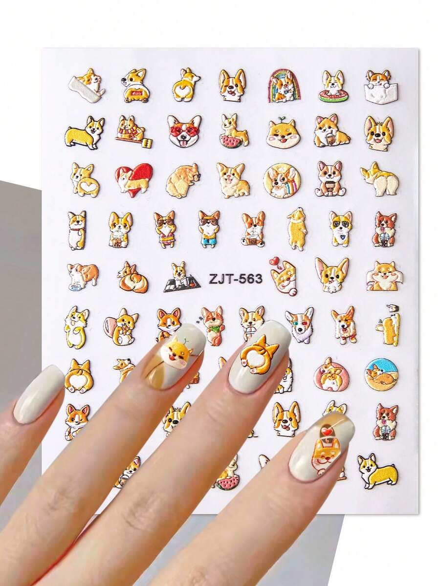 美甲貼紙，1片卡通可愛浮世繪風格小狗紋理5D浮雕美甲貼紙女性手指時尚藝術DIY文具貼紙 - 橘色 - 查看 1
