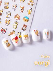 美甲貼紙，1片卡通可愛浮世繪風格小狗紋理5D浮雕美甲貼紙女性手指時尚藝術DIY文具貼紙 - 橘色 - 查看 3