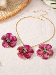 3 pièces Ensemble de collier et boucles d'oreilles avec pendentif fleur à 5 pétales émaillés, cadeau polyvalent pour femmes